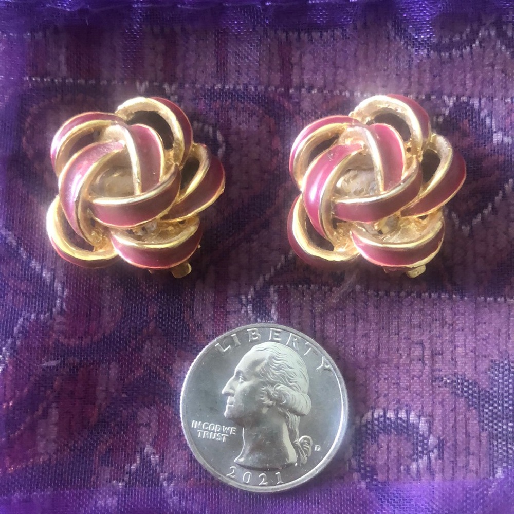 Vintage Gold Clip On Earrings Red Enamel Braided Pinwheel